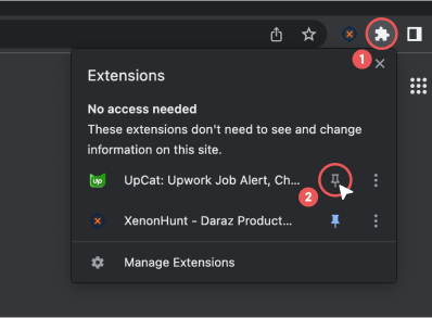 Click the puzzle icon in Chrome, find UpCat, then click the pin