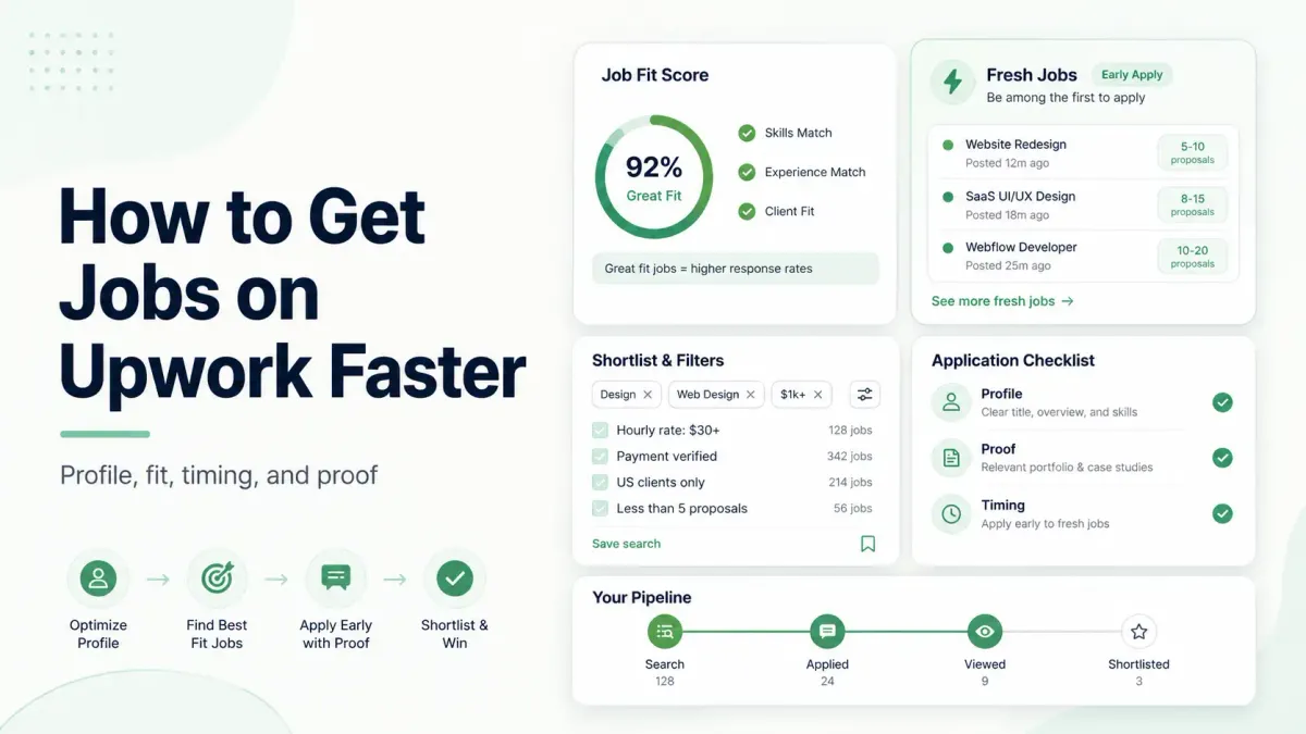 Learn how to get jobs on Upwork faster with a practical system for profile positioning, job filtering, earlier proposals, proof assets, and weekly tracking.