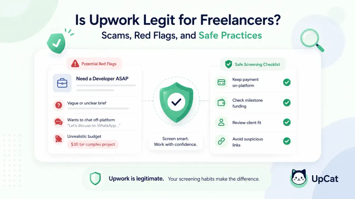 Is Upwork legit for freelancers? Learn how Upwork works, where risk still exists, common red flags, and how to stay safe before you apply.