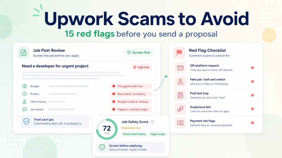 Learn the most common Upwork scams, 15 red flags to check before you apply, and how to avoid wasting Connects on fake or risky jobs.