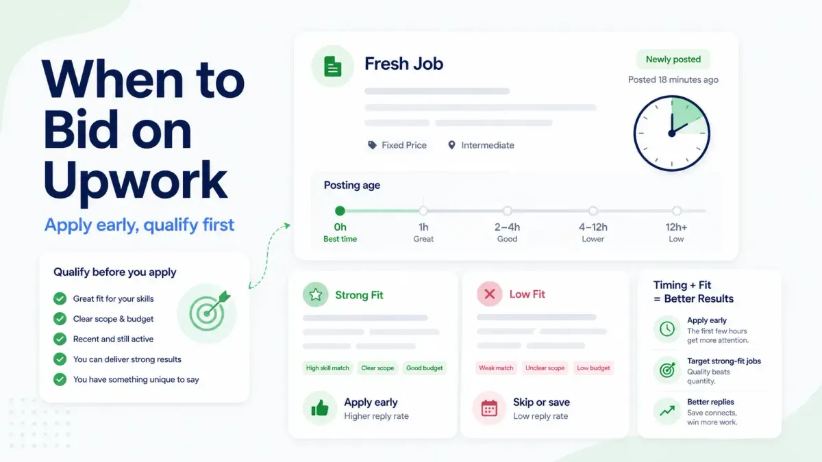 Learn when to bid on Upwork, why early qualified proposals tend to perform better, and how to improve timing without rushing weak applications.