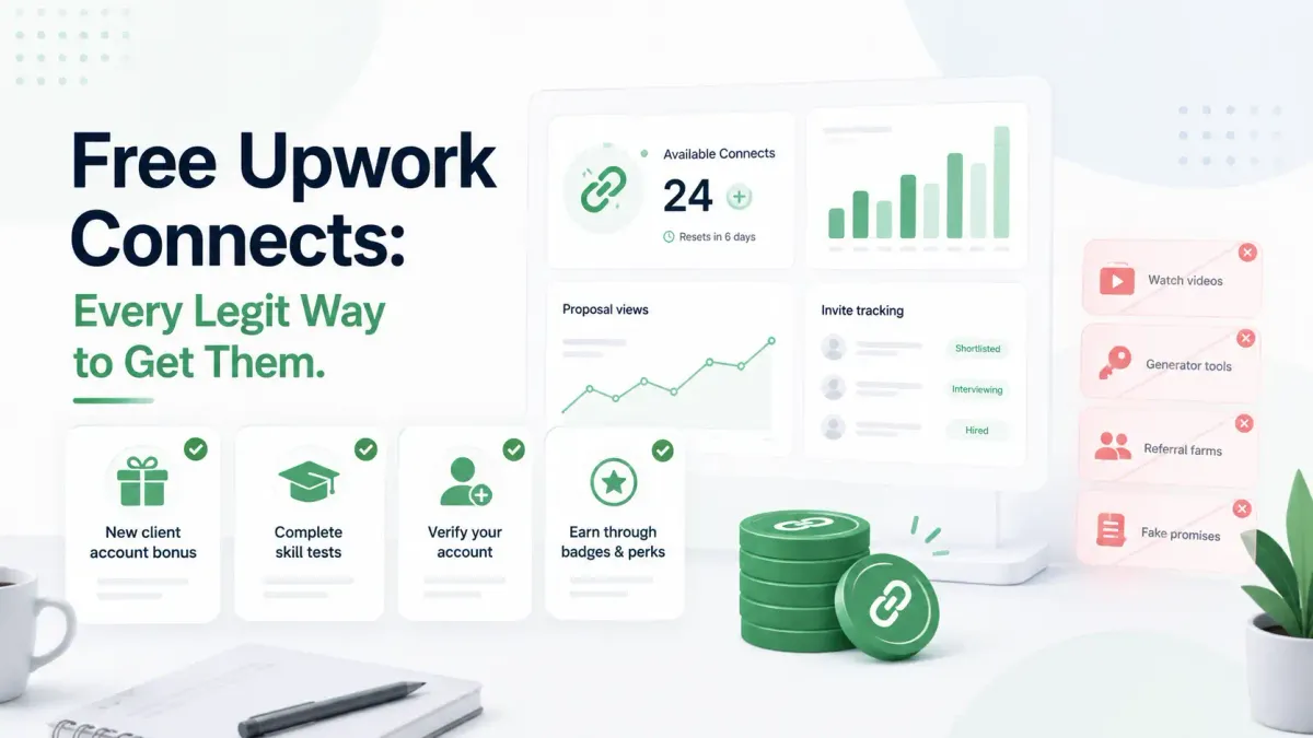 Learn every legit way freelancers may get free Upwork Connects, which shortcuts to avoid, and how to stop wasting Connects on weak-fit jobs.