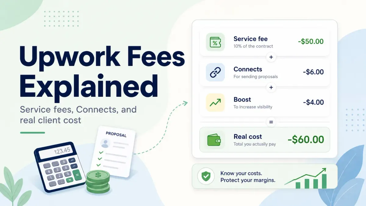 Learn what Upwork fees freelancers pay in 2026, how Connects affect acquisition cost, and how to calculate your real cost per client.