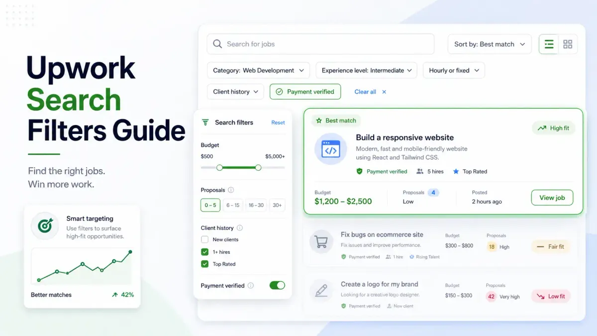 Learn which Upwork search filters actually help freelancers find better jobs faster, cut scam risk, and avoid wasting Connects on weak-fit posts.