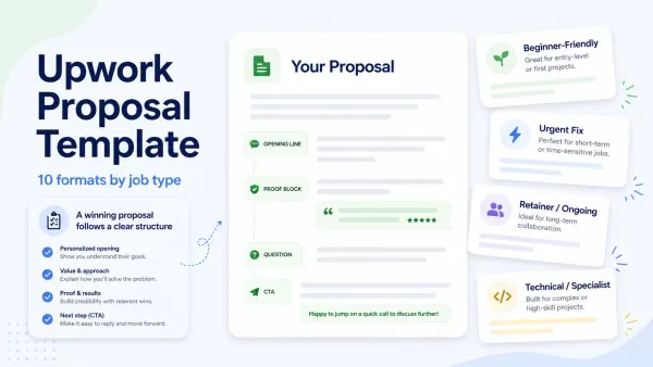 Use this Upwork proposal template guide to match the right format to each job type, write faster, and avoid sounding generic.