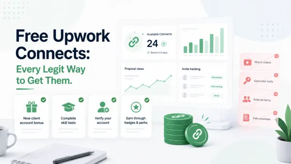 Learn every legit way freelancers may get free Upwork Connects, which shortcuts to avoid, and how to stop wasting Connects on weak-fit jobs.