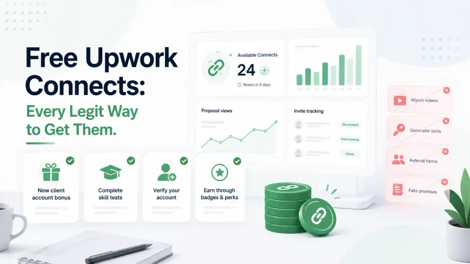 Learn every legit way freelancers may get free Upwork Connects, which shortcuts to avoid, and how to stop wasting Connects on weak-fit jobs.